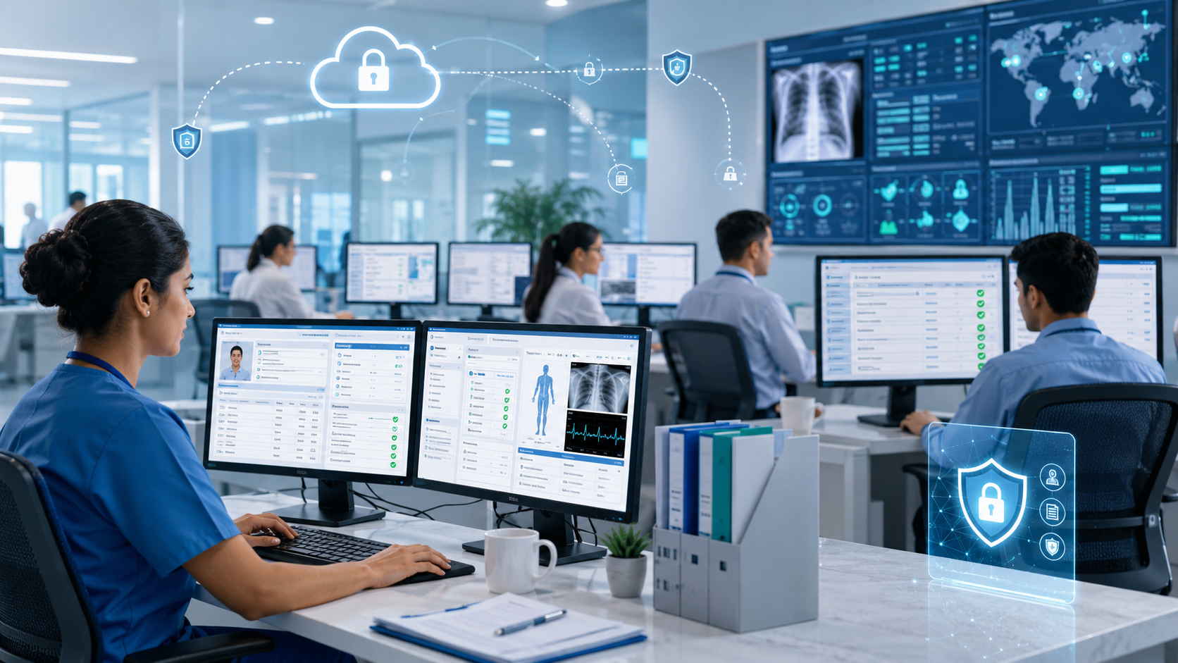 Healthcare IT staff monitor patient records and imaging on multiple screens in a high-tech hospital operations center, with security icons overhead.