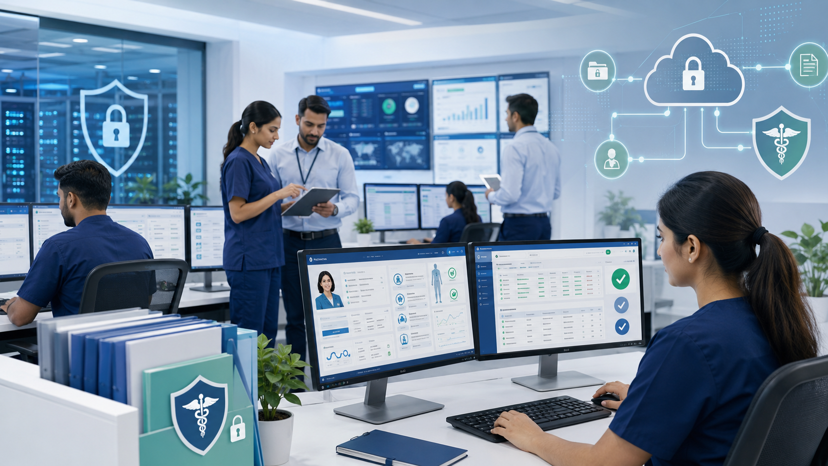 Healthcare IT team in a security operations center reviewing dashboards on multiple monitors with cloud security icons in the background.