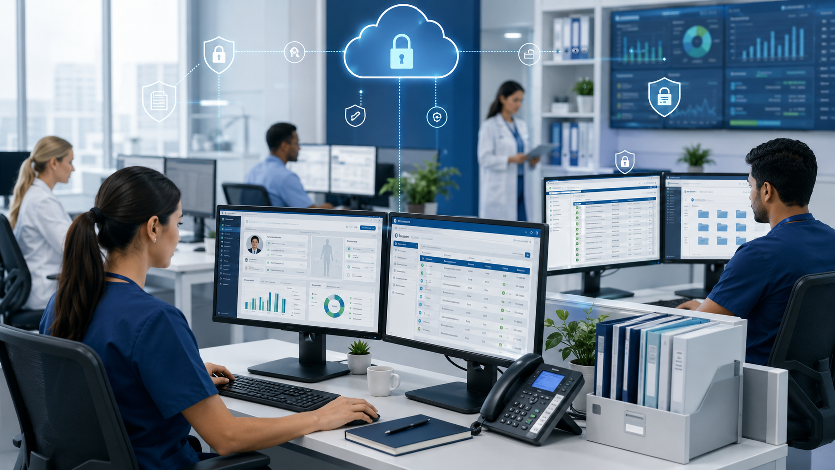 Healthcare IT team at desks with multiple monitors displaying patient records and analytics, cloud security icons overhead.