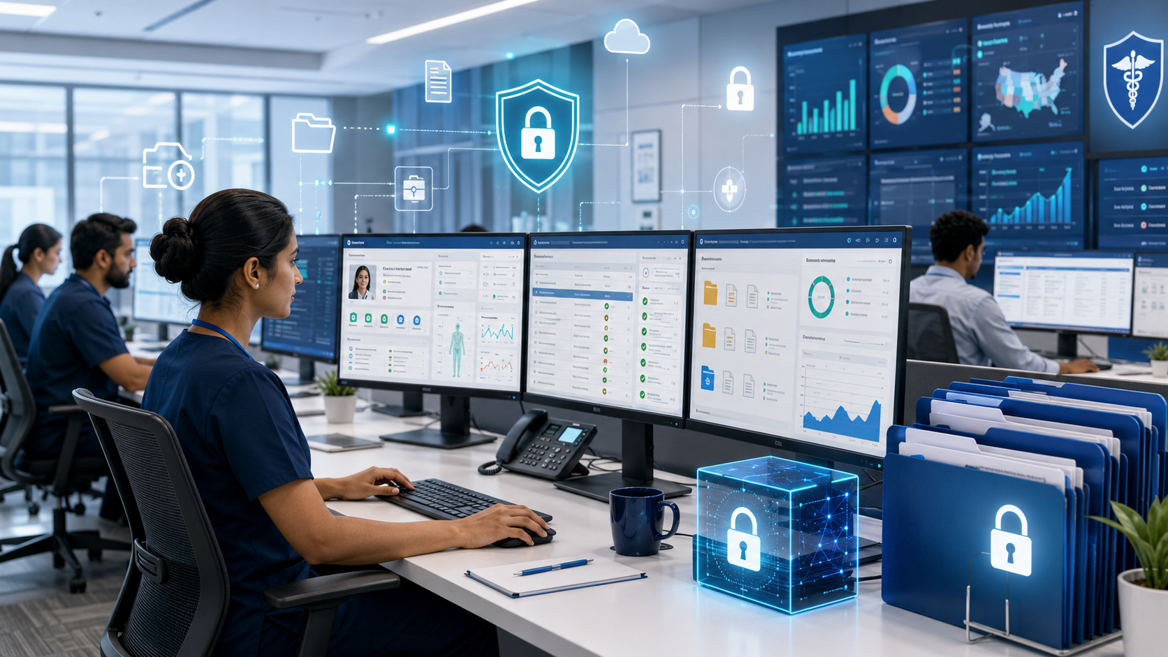 Team of IT professionals monitors dashboards on multiple screens in a security operations center (SOC).
