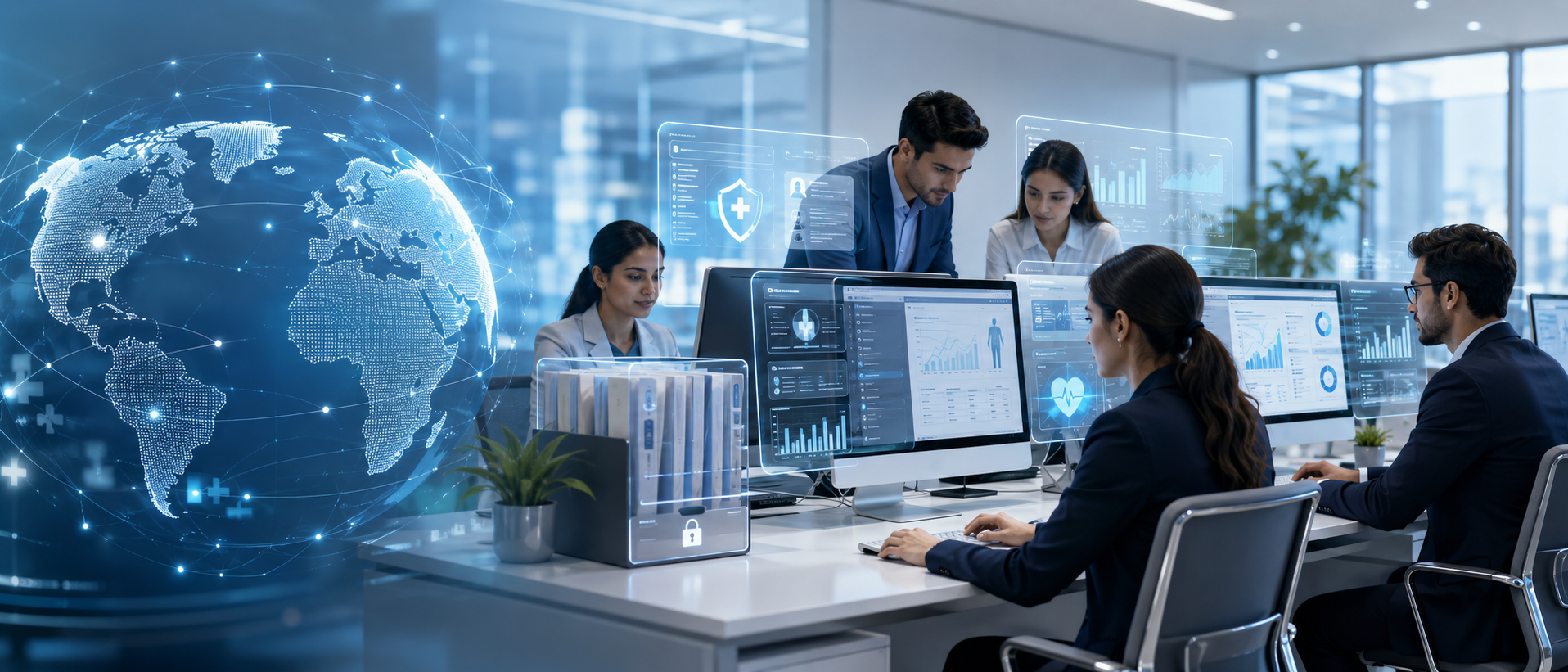 Team of professionals in a modern control room using multiple computer monitors and translucent holographic displays with a digital globe in the background.