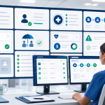 Healthcare professional in blue scrubs reviews a wall of health and security dashboards in a bright control room.