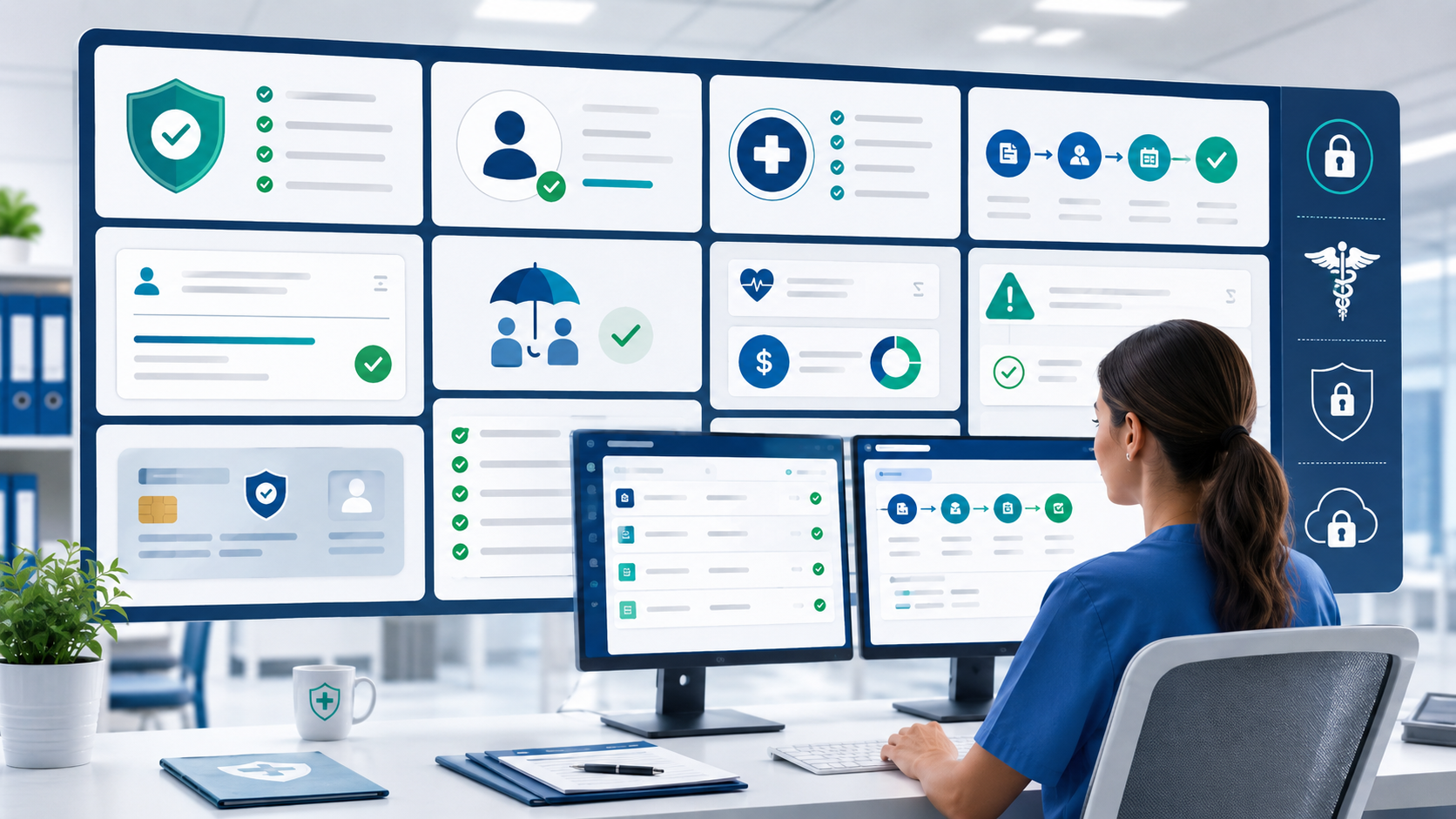 Healthcare professional in blue scrubs reviews a wall of health and security dashboards in a bright control room.