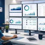 Healthcare professional in blue scrubs monitors six screens displaying charts and dashboards in a modern control room.
