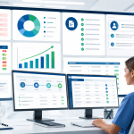 Healthcare professional in blue scrubs monitors a wall of dashboards with charts and status lists.