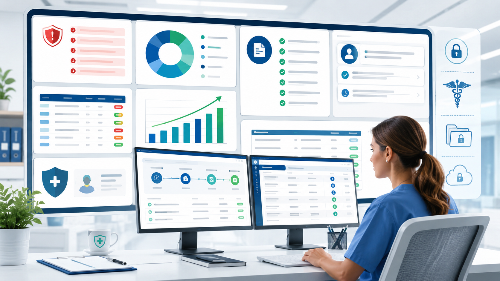 Healthcare professional in blue scrubs monitors a wall of dashboards with charts and status lists.
